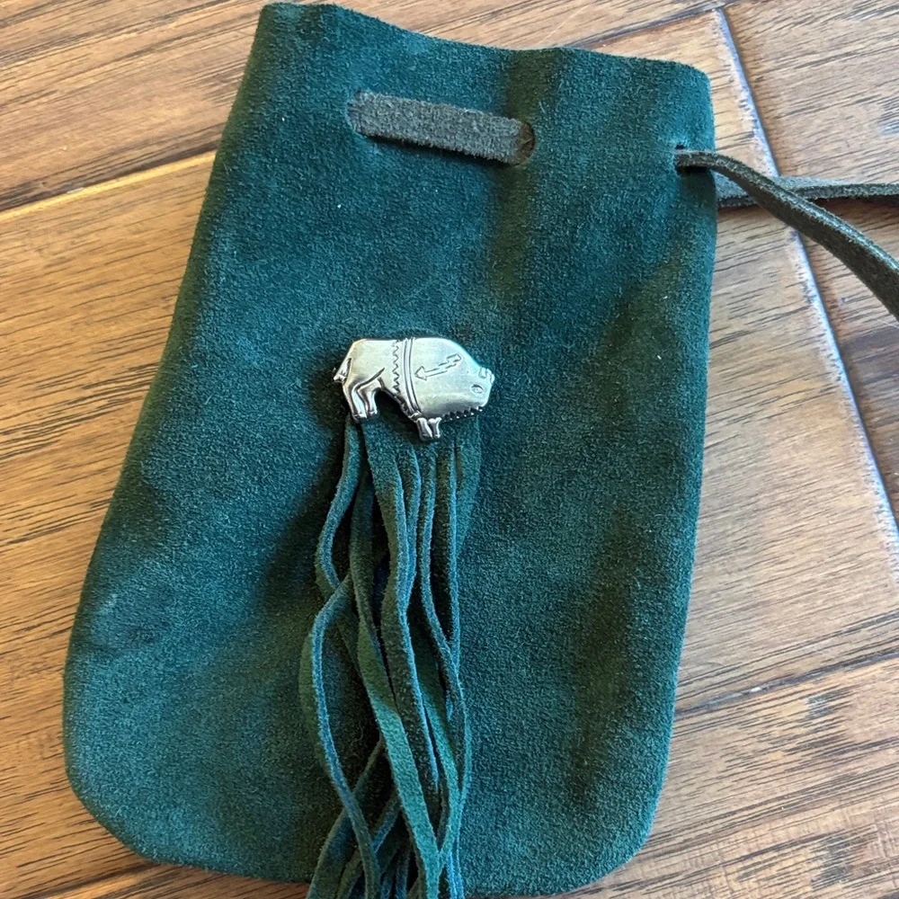 Bison Native American Green Suede Fringe Medicine Necklace Pouch- Beautiful! 🦬